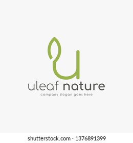 Modern logo U combine with leaf. Initial Letter U Eco nature design template isolated on white background.