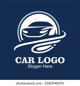 Modern Logo. White car inside a circle on a blue background.