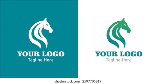 Modern Logo With a white horse head on a teal background and a green horse head on a white background.