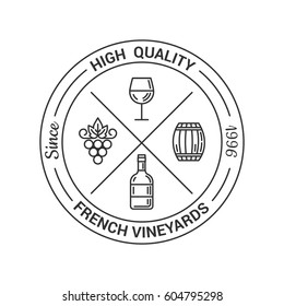 Modern Logo For Wine And Winery. Vector Outline Illustration With Wine Bottle, Grape, Wine Barrel And Wineglass, Isolated On White