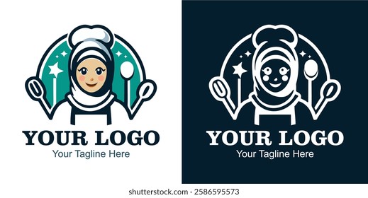 Modern Logo. Of a woman in a chef hat and hijab holding a spoon and a whisk.