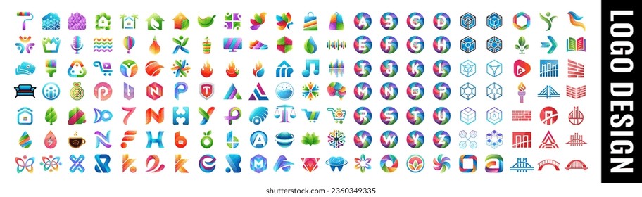 Modern logos collection. Bundle Logo design, painter, house, music, attorney, butter fly, shop, money, balloon, leaf, water drop, tv, fire flame, letter mark, block chain, bird, bridge, circle A to Z