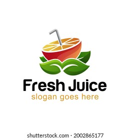 modern logos of fresh juice with sliced fruit orange and leaf logo vector