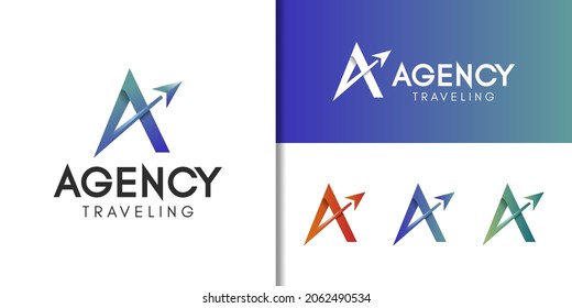 modern logos of initial letter A with arrow plane or rocket launch for travel agency business logo design