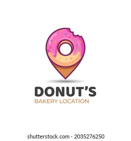 modern logos of sweet donuts combined pin map icon symbol for business bakery location logo template