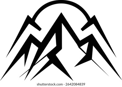A modern logo-style silhouette of mountain peaks and a rising sun, perfect for travel, outdoor, and adventure brands.