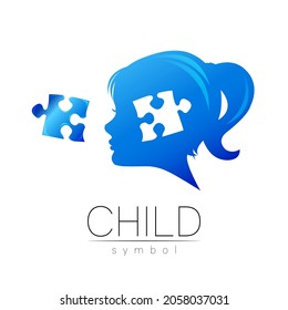 Modern logotype Kid head with Puzzle inside brain in Blue Color . Logo sign of Psychology. Profile Human. Creative style. Symbol in vector. Design concept.