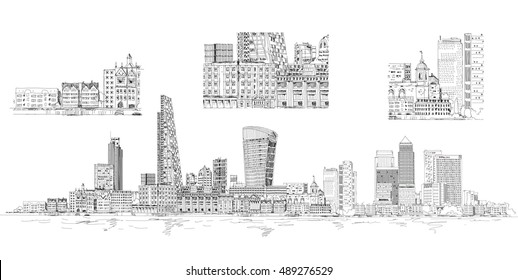 Modern London. City of London and Canary Wharf with crane and building sites of new developments