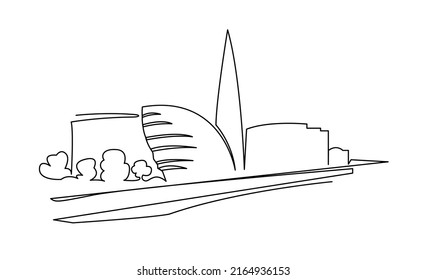 Modern London Cityscape Continuous One Line Vector Drawing. Metropolis Architecture Landscape. The Shard Hand Drawn Silhouette. Apartment Buildings Isolated Minimalistic Illustration