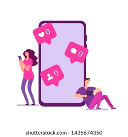 Modern loneliness vector concept. Boy and girl have no messages, no likes in social networks. Illustration of no like in network, social man and woman