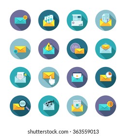 Modern long shadow flat vector icons collection in stylish colors of mail messages for business, web design, presentations, infographic and applications
