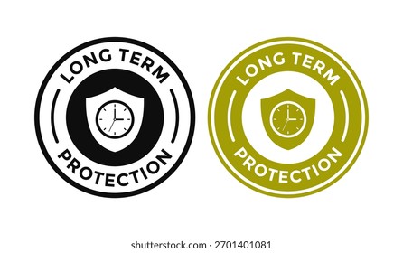 Moderner Long Term Protection Kreis, Vektorlogo oder Stempel. Symbol für ein garantiertes, langlebiges Produkt oder Service, das dauerhafte Sicherheit und Sicherheit bietet.