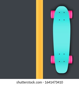 Modern longboard on aphalt. Top view. Urban recreation equipment. Street concept background. Vector Illustration