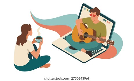 Romance moderno de longa distância e conexão virtual dos namorados, amor digital de longa distância casal vídeo chamada ilustração para o Dia dos Namorados Romance on-line