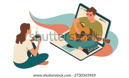 Modern Long-Distance Romance and Virtual Valentine’s Connection, Long Distance Digital Love Couple Video Call Illustration for Valentines Day Online Romance