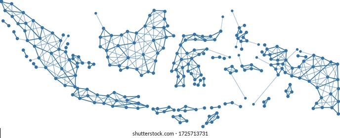 A modern look of the map of Indonesia with polygon shapes connecting different parts of the whole country together. A vector map that emphasises the connectivity of mankind.