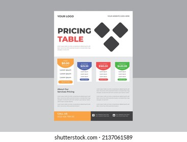 Modern looking pricing table design with four subscription plans flyer, Price chart template, business plan pricing grid flyer, .vector infographics template.