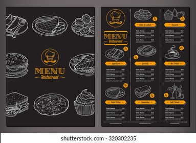 Modern looking vector template for a Folded Restaurant Menu with lots of nice vintage food illustrations