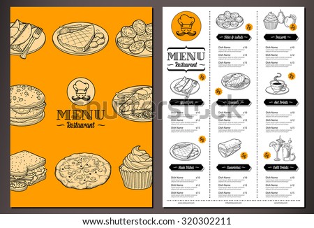 Modern looking vector template for a Folded Restaurant Menu with lots of nice vintage food illustrations