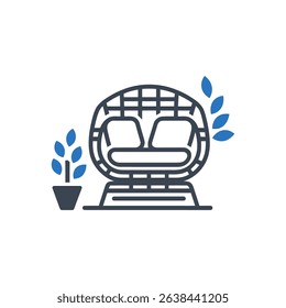 A modern lounge chair with woven design and plants icon.