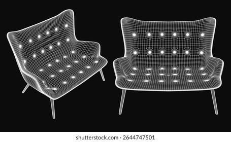 Modern lounge chairs with sleek curved backrests and armrests, upholstered in light fabric for a contemporary look. The tapered legs and gently curved arms create an inviting and comfortable seating.