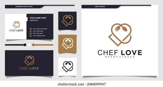 Modern love chef logo design with unique line art style and business card Premium vektor