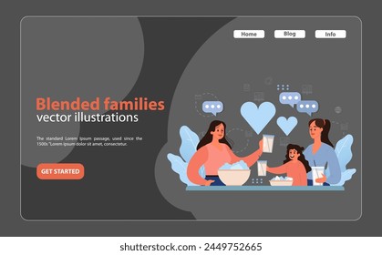 Modern Love Concept. Lesbian couple enjoying a cozy dinner with their child, symbolizing acceptance, love, and diverse families. Celebration of equality. Flat vector illustration.