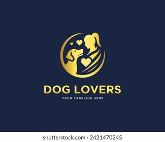 Modern Love with Dog Woman Logo Design Vector Template.