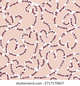 Modern Love Pattern: linhas emaranhadas desenhadas à mão com "amor" em várias línguas e formas de coração em um fundo sólido.