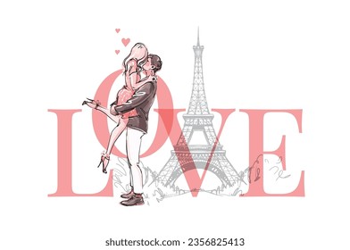 Modern love poster, beautiful couple in love kissing in Paris, the guy hugs and dances with the girl. Vector trendy banner outline isolated on white background.