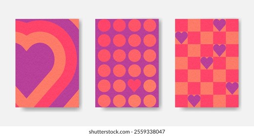 Modern Love Posters set. Abstract Geometric Backgrounds. Hearts Texture. Valentines Day cards. Templates for card, banner, cover, flyer, label, sale poster. Art Design illustration