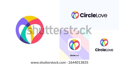 Modern love shape with negative space in circle, Logo icon design illustration element template, Symbol heart with overlapping colorful  flat dynamic vibrant for brand identity and business company