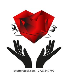 Moderne Liebe, Vektorkunst, einzeln, transparent. Lebendige Farbe Farbverlauf rotes Herz in schwarzen Händen mit futuristischen Element-Symbol. Perfekter Hoodies T-Shirt Print. EPS 10
