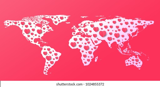 Modern Lover World map with Pink Hearts PaperArt style,vector,illustration.
