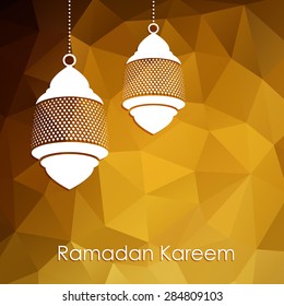 Modern low poly golden background with arabic lanterns, vector illustration for for muslim community holy month Ramadan Kareem