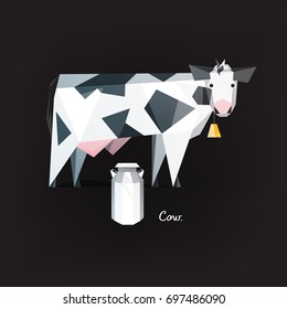Modern low poly (low polygonal) cow with golden bell and vintage milk container (can)