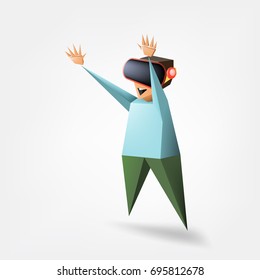 Modern, Low Poly (low Polygonal) Geometric Character In The Virtual Reality Glasses Isolated On White Background