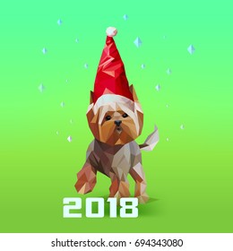 Modern low poly (low polygonal) style Yorkshire Terrier dog portrait in Santa hat. Christmas design element