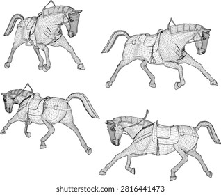 Modern low poly style icon set showcasing a powerful middle ages warhorse in dynamic walking stances equipped with complete ride armor