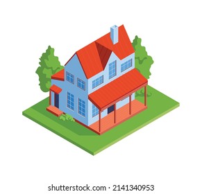 Modern Low Rise House Exterior With Veranda And Green Garden Isometric Icon 3d Vector Illustration