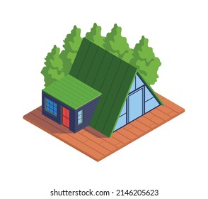 Modern Low Rise Private House With Panoramic Window And Green Roof Isometric Icon 3d Vector Illustration