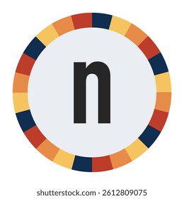 Modern lowercase Letter n with Orange to Yellow Gradient, Framed by Vibrant Blue, Red, and Yellow Segments