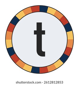 Modern lowercase Letter t with Orange to Yellow Gradient, Framed by Vibrant Blue, Red, and Yellow Segments, enclosed in a black frame.