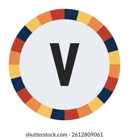 Modern lowercase Letter v with Orange to Yellow Gradient, Framed by Vibrant Blue, Red, and Yellow Segments