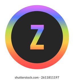Modern Lowercase Letter z logo with a colorful rainbow gradient and circular border. Dark background enhances contrast, perfect for tech, branding, or creative design.