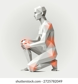 A modern, low-poly kneeling figure rendered in white and gray polygons with subtle orange highlights. This abstract sculpture-like image conveys calm, focus, and geometric artistry suitable for design, art, and creative projects.
