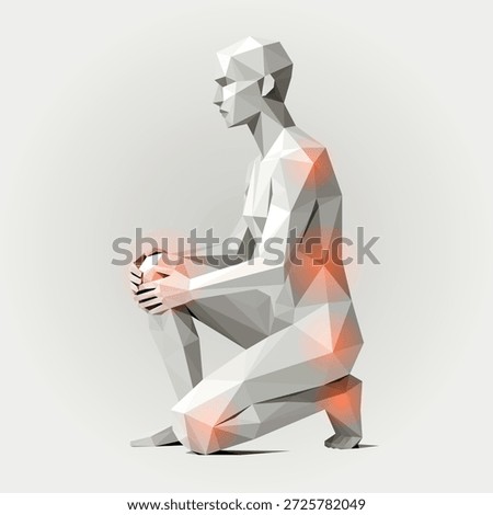 A modern, low-poly kneeling figure rendered in white and gray polygons with subtle orange highlights. This abstract sculpture-like image conveys calm, focus, and geometric artistry suitable for design, art, and creative projects.