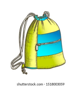 Modern Luggage Bag With Ropes Color Vector. Suitcase With Rope Straps For Trip Accessories, Shoes And Clothes. Tourism Sport Equipment Designed In Retro Style Illustration