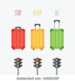 modern luggage or baggage cartoon flat design style like a stoplight & traffic lights. stop, ready go & drive. three suitcase red, green & yellow vector. vacation time. holiday & travel time isolated