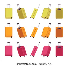 Modern luggage four wheel hard suitcase set, stylish, practical accessory, quality travel bag in bright green, orange and pink color. Vector flat style cartoon illustration, isolated, white background